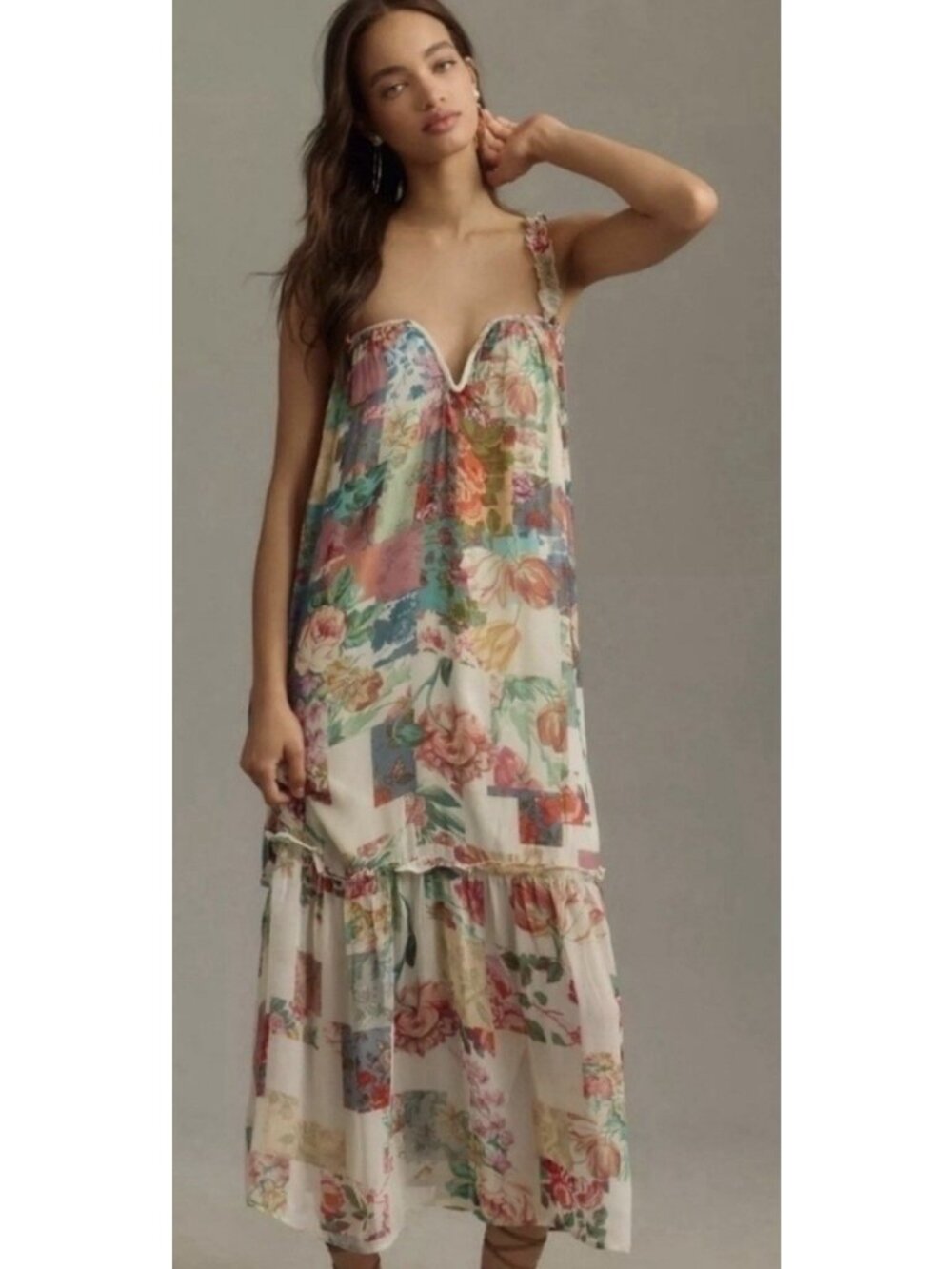 ANTHROPOLOGIE Women's Size XL Patchwork Floral Ruffle Strap Maxi Dress